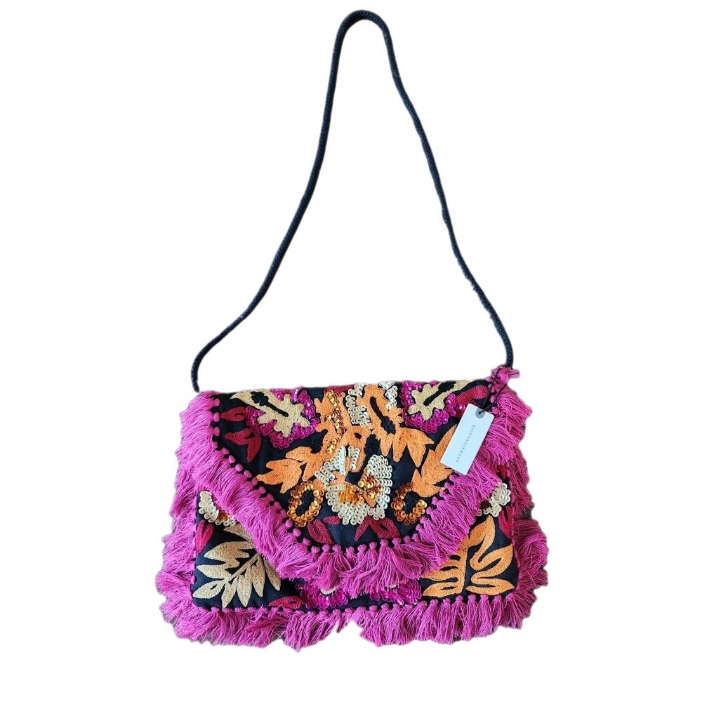 NWT Anthropologie Ibban Clutch Crossbody Bag with sequins & Tassles Boho Pink